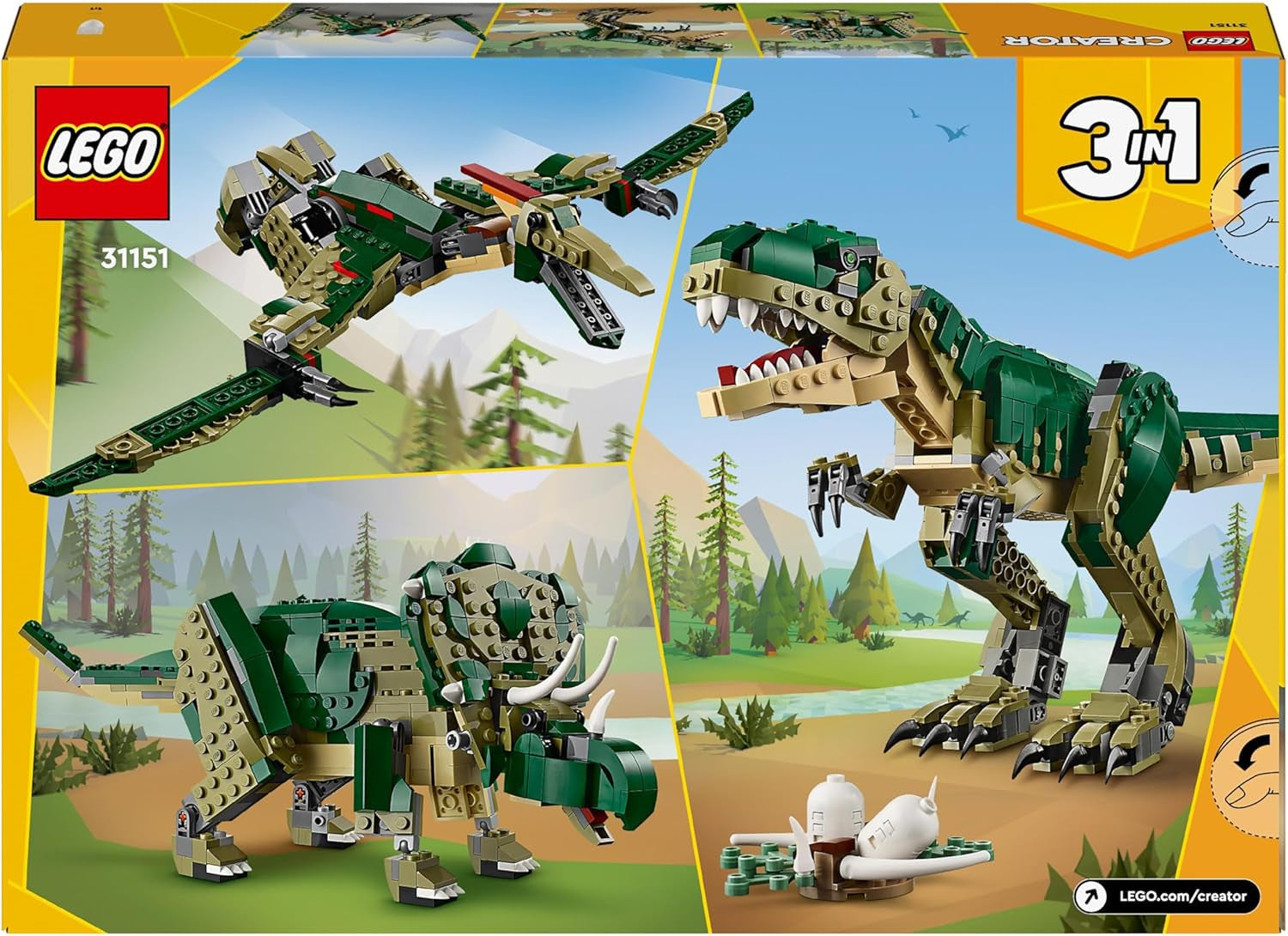 LEGO Creator T.Rex, Dino 3 w 1 Transformowalny Triceratops lub Pterodaktyl, mobilny model dinozaura dla dzieci, prezent dla chłopców i dziewcząt 31151 Zestawy do budowania Besuche w sklepie LEGO