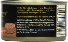 - Fileuri fine în jeleu | Hrană umedă pentru pisici adulte cu bucăți de file în jeleu. Hrană complementară cu conținut scăzut de grăsimi la conservă, fără aditivi | 24 x 100 g Ton și ouă de prepeliță