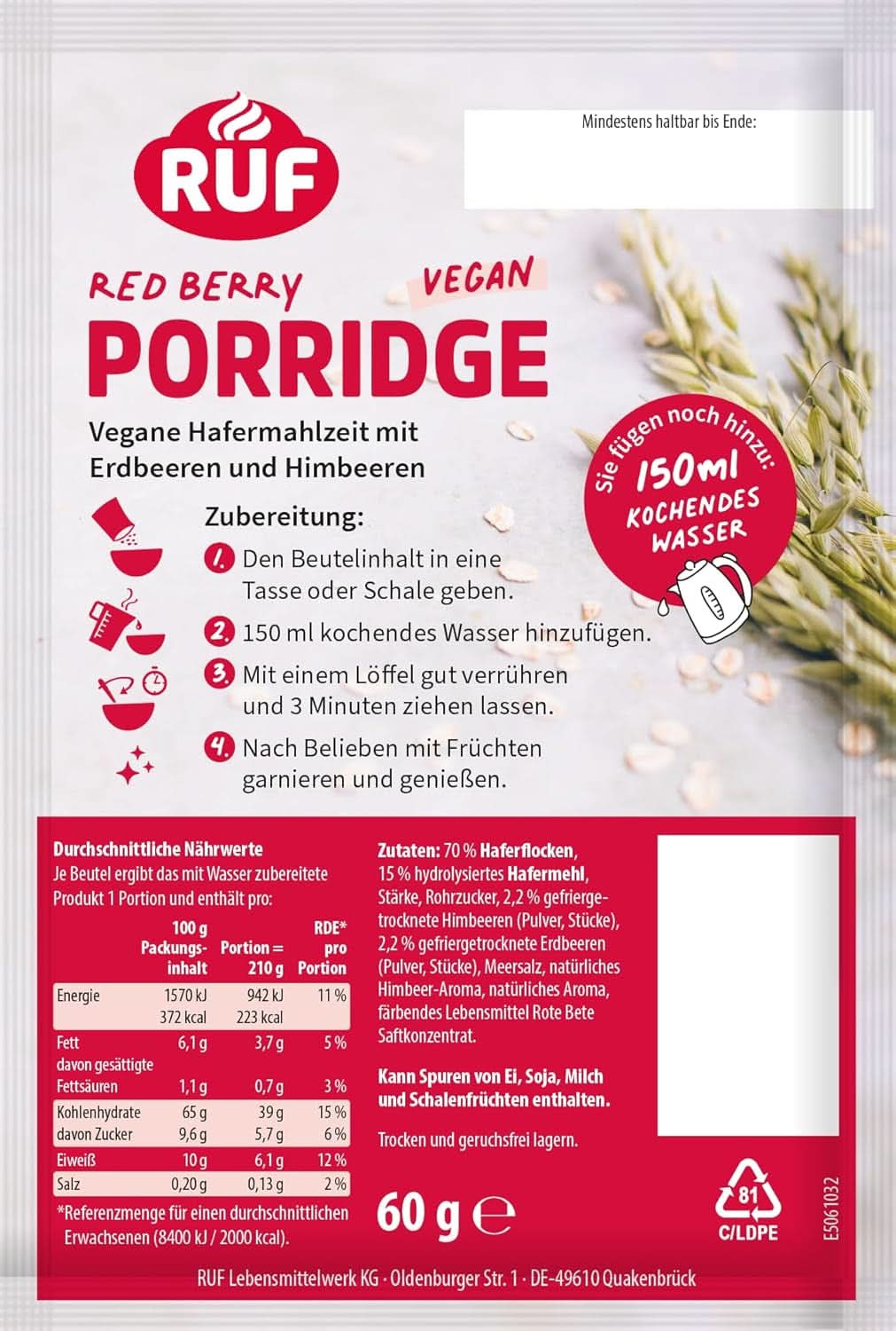 RUF Vegan Porridge Red Berry Oats, Porridge cu căpșuni și zmeură, 60 grame Cereale Naty Shop