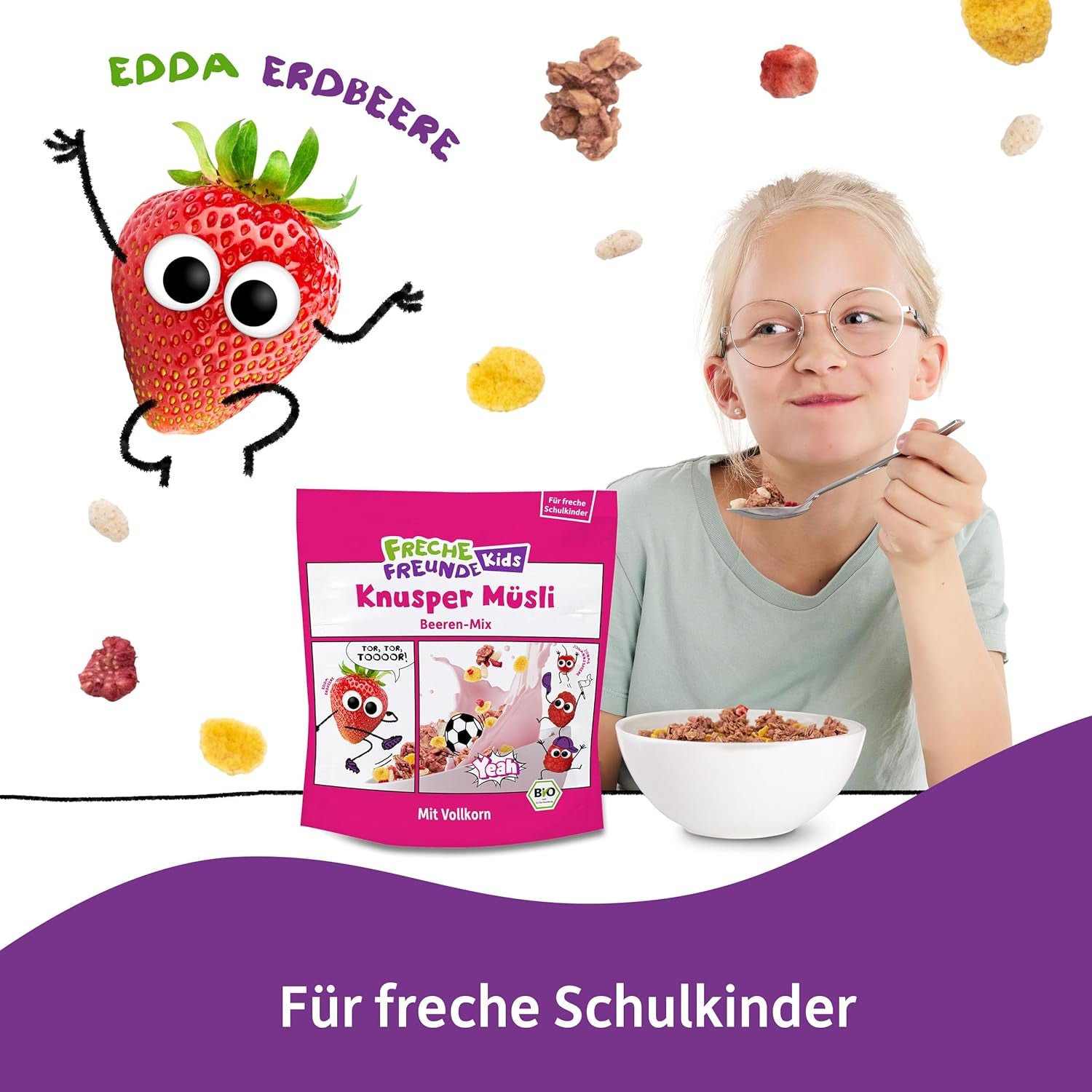 FRECHE FREUNDE Organiczne musli śniadaniowe Edda's Berry Crunchy Musli Mix dla dzieci w wieku szkolnym z liofilizowanymi truskawkami Wegańskie 6 opakowań (6 x 280g)