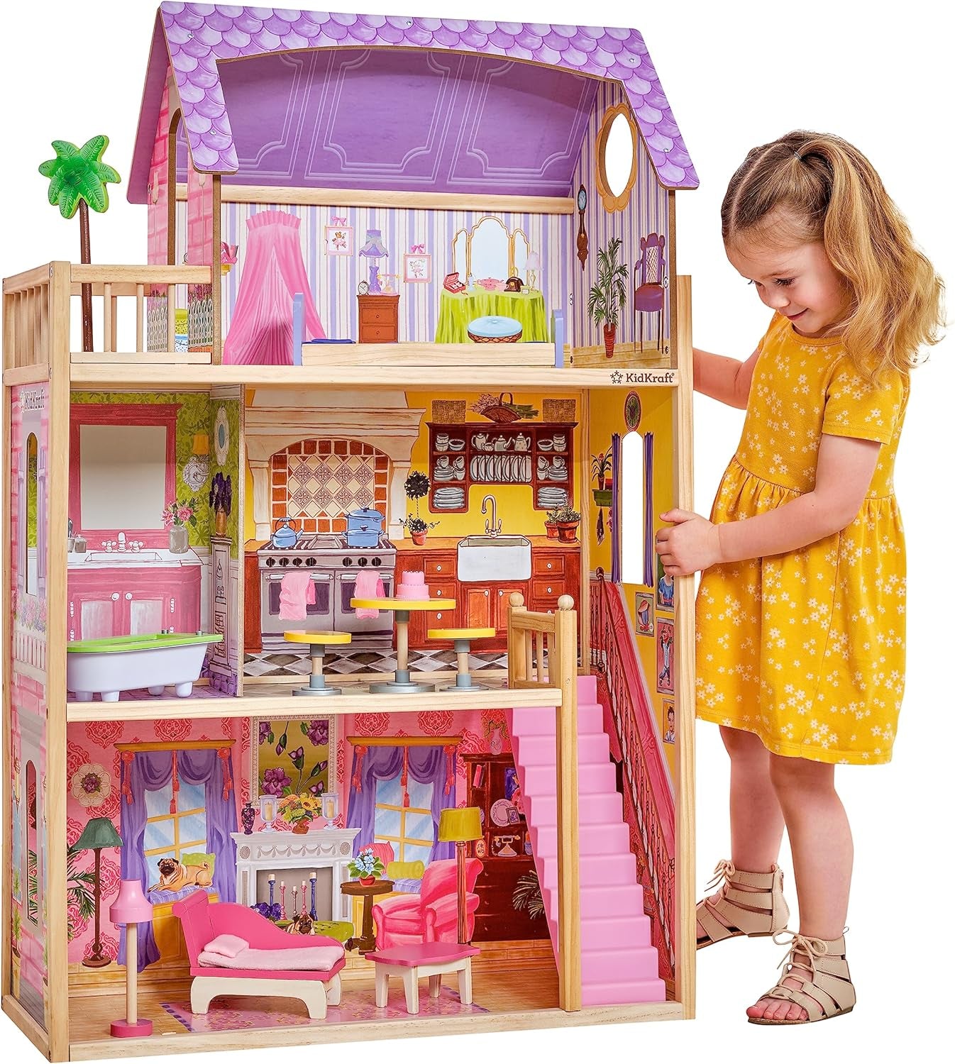 Drewniany domek dla lalek Kidkraft Kayla z meblami i akcesoriami, 3-poziomowy zestaw dla lalek 30 cm, zabawka dla 3 lat, 65092 - wyłącznie w Amazon Dollhouses Naty Shop Default Title