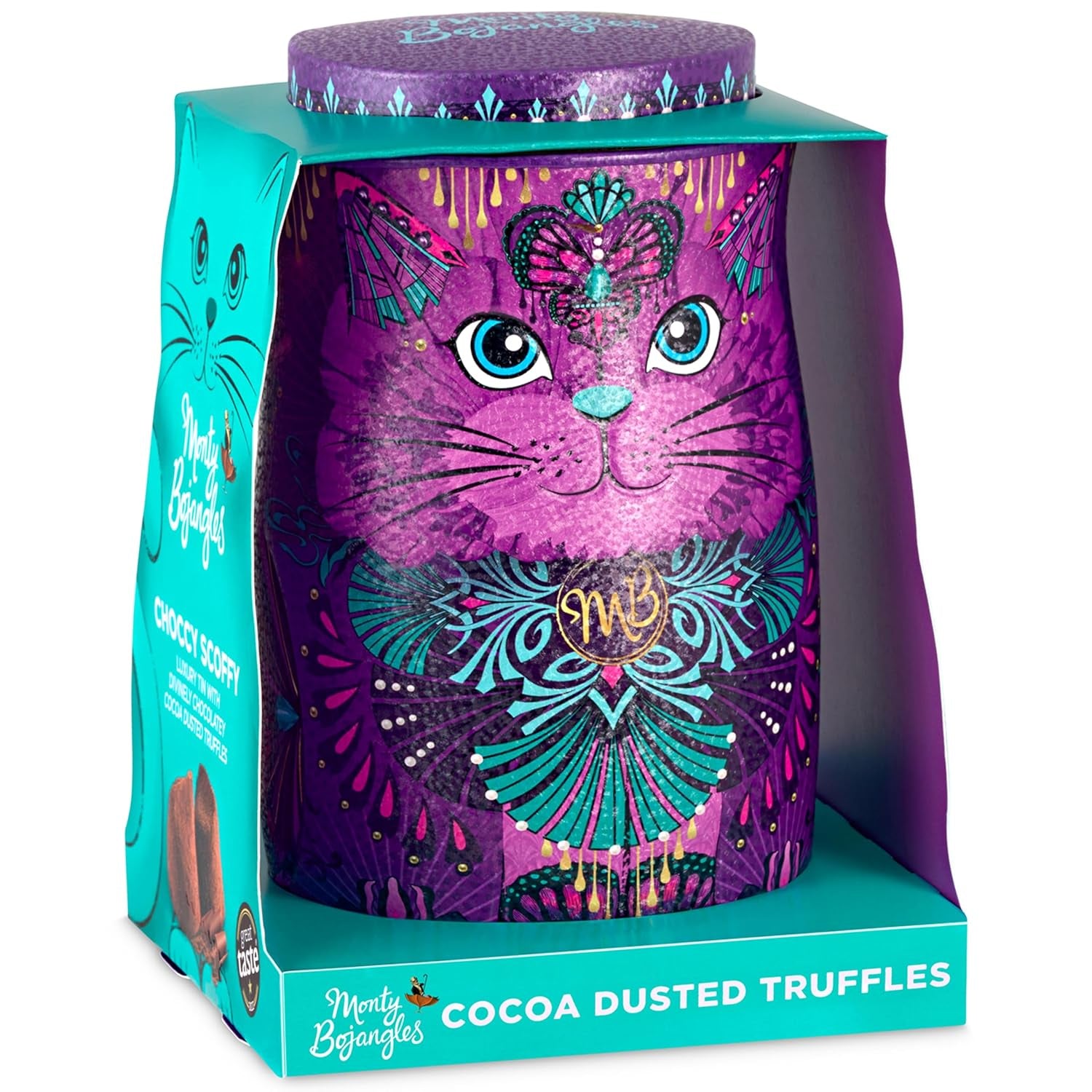 Monty Bojangles Savanna Gold Chocolate Trufle (135g) Praliny w proszku kakaowy Zestaw upominkowy w indywidualnym kształcie kota Pudełko kolekcjonerskie Flutter Scotch Flavor