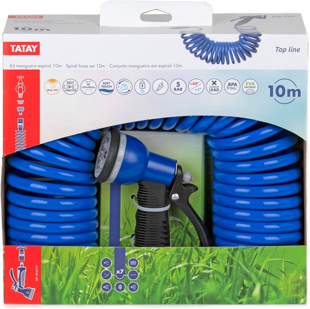 Set furtun spiralat TATAY 10 m cu accesorii din plastic cu protecție UV, ideal pentru terase și grădini mici.