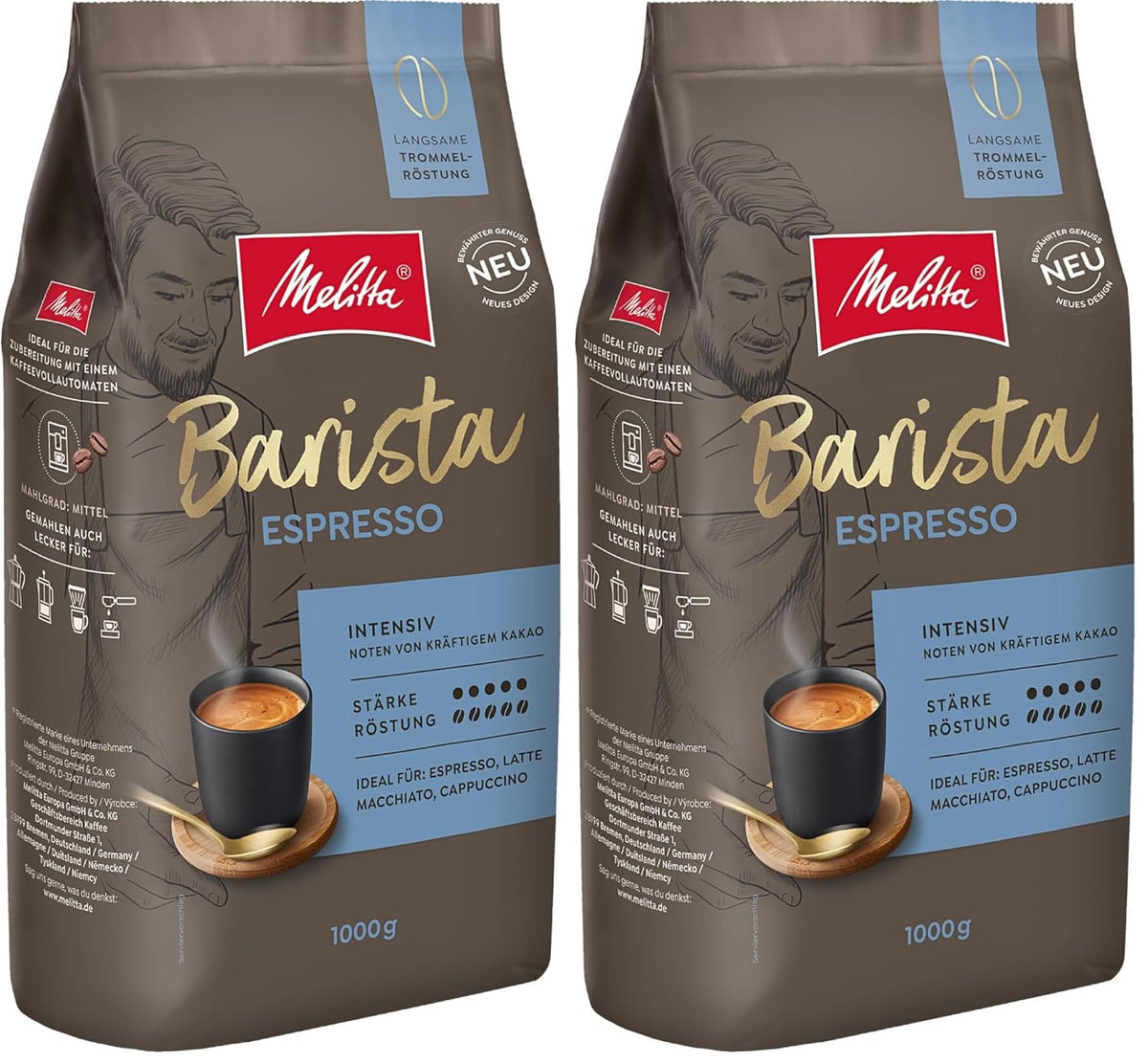Melitta Barista Classic Espresso, Boabe de cafea întregi 1kg, Nemăcinate, Boabe de cafea pentru espressoare automate, Prăjire puternică, Intensitate 5 (Pachet de 2)