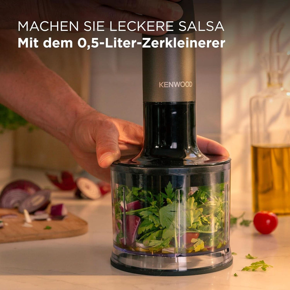 Kenwood Triblade XL Pro Stabmixer HBM80.322BK, 1200W, Zmienna prędkość, Edelstahl(Pürierfuß), Schneebesen, Emulgieraufsatz, 500Ml Zerkleiner, 700 i 250Ml Becher, Spülmaschinenfeste Teile Bucatarie Naty Shop