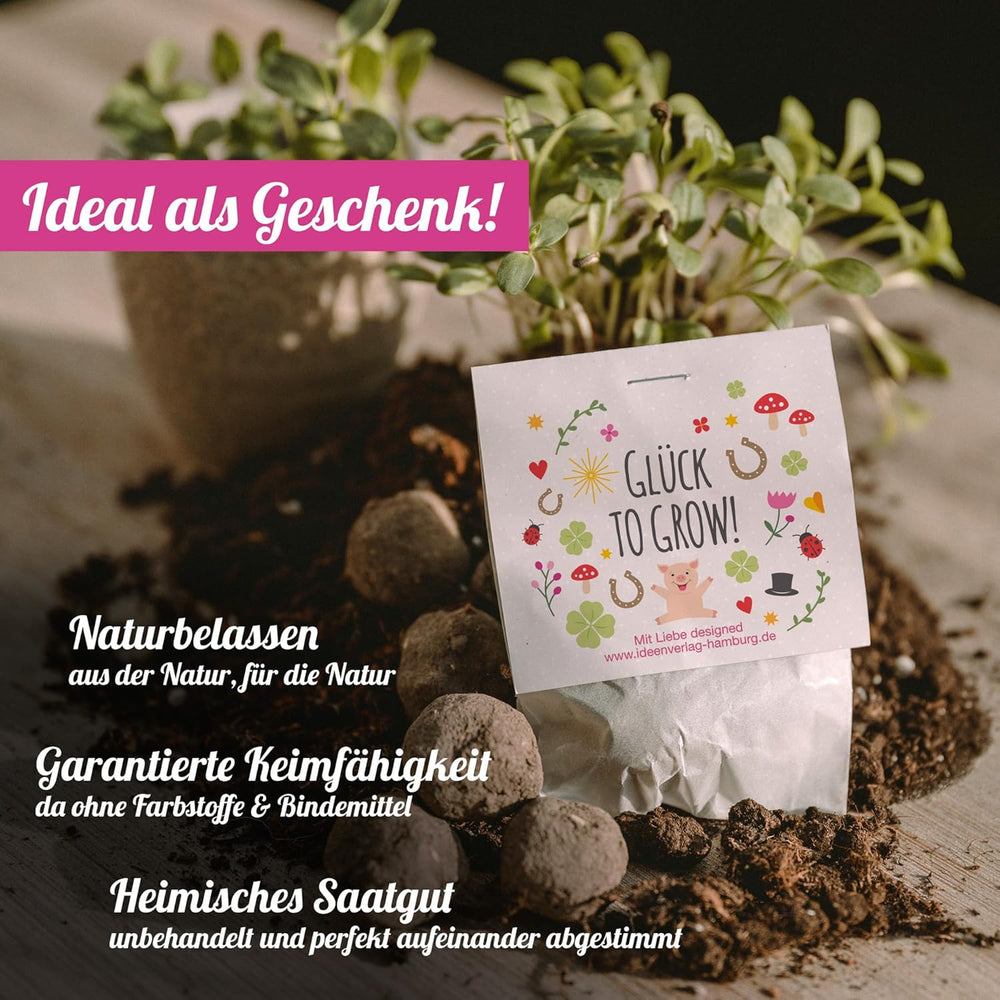 10x „Glück to Grow” Semenbomben als Glückbringer 2026 i Blumensamen Geschenk | Mitbringsel Erwachsene & kleine Gastgeschenke Silvester - Kleeblatt Glückbringer Prüfung - inkl. Zestaw kart podarunkowych