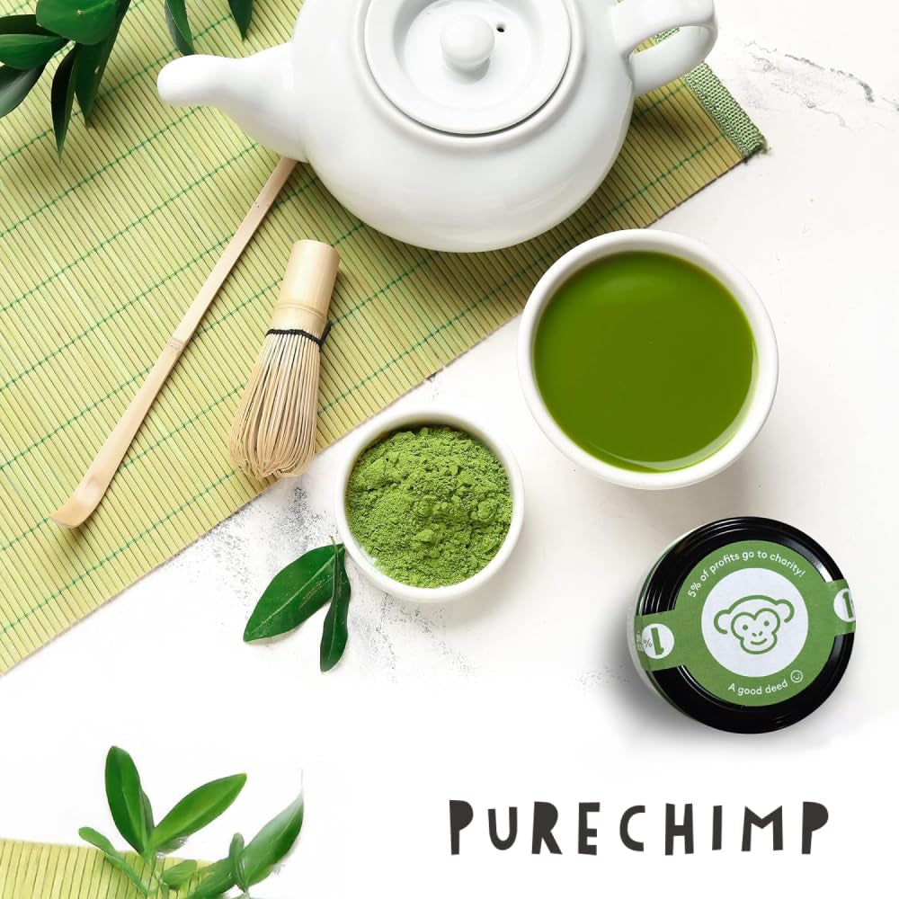 Purechimp Matcha ceremonial 100 g. Pulbere de ceai 100% pură din culturi umbrite pentru latte, infuzii și rețete. Pungă compostabilă. Bogată în antioxidanți.