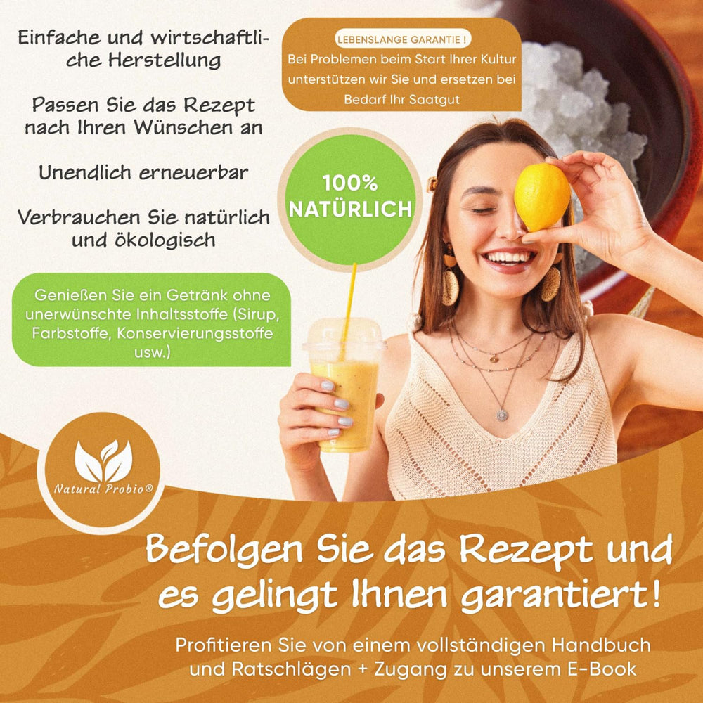 Natural Probio® Wasserkefir, Kefirpilz, Japankristalle, Kefirknollen, Zestaw startowy + Anleitung, Rezept, Tipps, E-Book i Rezeptbibliothek + Kundenservice auf Lebenszeit (10g odwodnionego/60g nawodnionego)