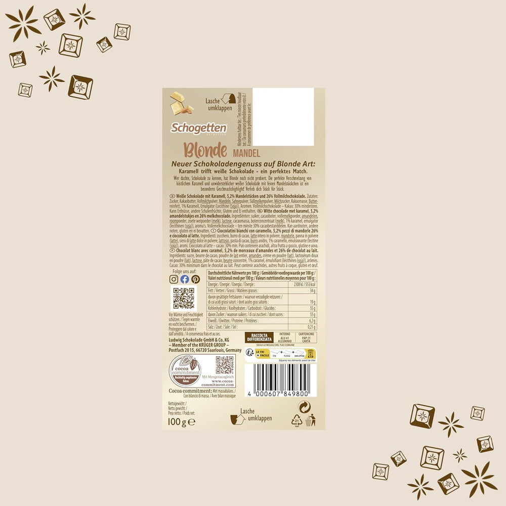 Schogetten Blond Migdał | Biała czekolada z karmelem i kawałkami migdałów | 100 g | Wygodnie porcjowane (opakowanie 2 szt.)