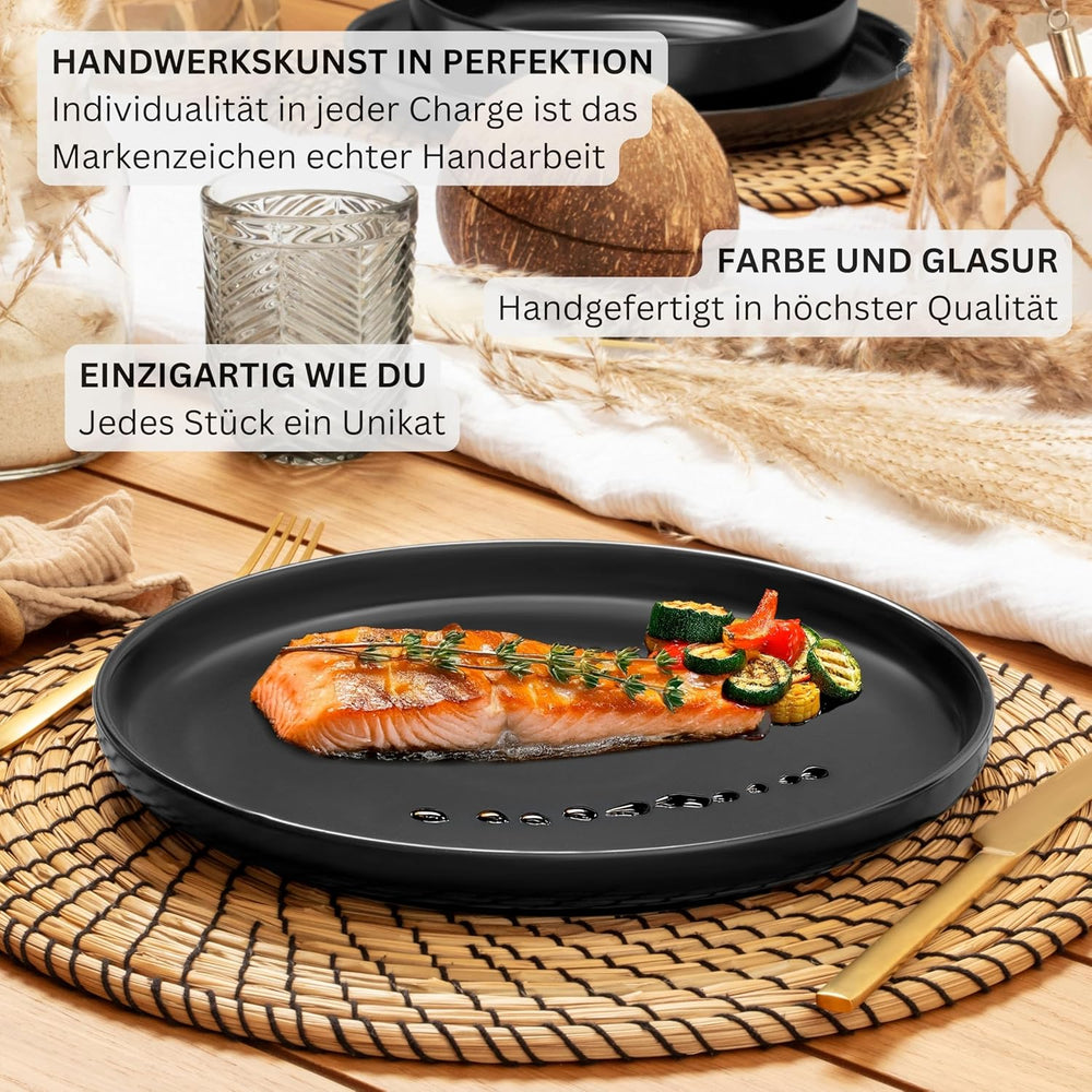 SÄNGER Madeira | Set de veselă combinat cu 24 de piese, set de veselă din gresie pentru 6 persoane, 6 farfurii de cină, 6 farfurii de mic dejun, 6 farfurii de sumă, 6 boluri pentru paste, set de veselă și bol, negru mat | COLECȚIA VALUE