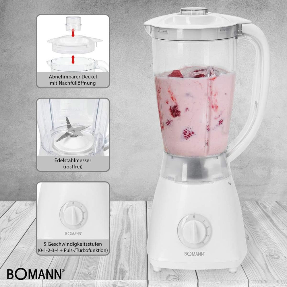 Bomann 378 CB Universalmixer Zum Pürieren, Schlagen, Zerkleinern, Shaken Und Mixen, Ice Crush-Funktion, Kraftvoller 500 Watt-Motor, Abnehmbarer Mixbehälter Mit 1,5 Liter, Edelstahlmesser, Weiß, UM 378 CB Kitchen Naty Shop