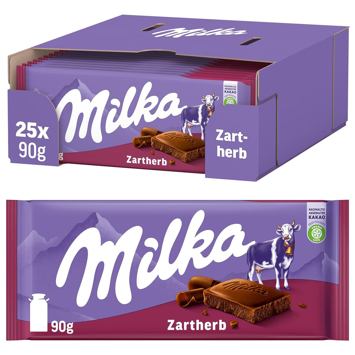 Milka Zartherb - alpejska gorzka czekolada mleczna z delikatną nutą kakao w opakowaniu zbiorczym - 25 x 90g