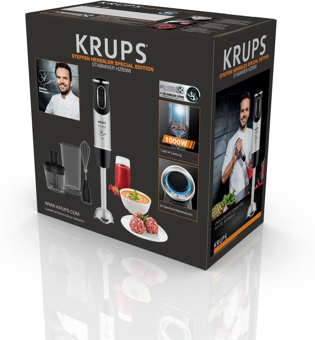 Krups Perfect Mix Stabmixer HZ6568 | Blender | 1000 Watt | Edelstahlfuß | 4 Extra Scharfe Messer | Powelix Technologie | Schneebesen | 500 Ml Zerkleinerer | 800 Ml Messbecher | Schwarz/Silber Bucatarie Naty Shop