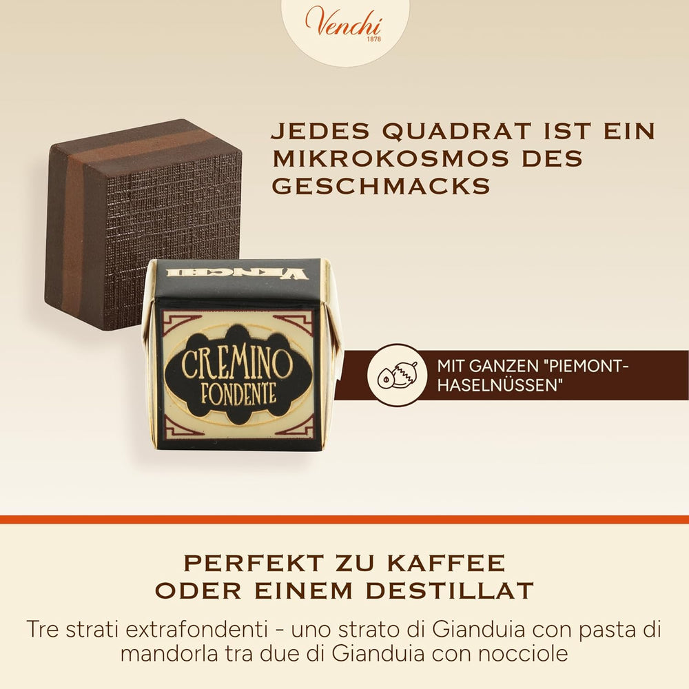 Venchi - Cremino Extra Black Chocolate - Ciemna czekolada z pastą migdałową i „piemonckimi leśnymi orzechami ChOG”, 1 kg, bezglutenowa, bez barwników i bez konserwantów