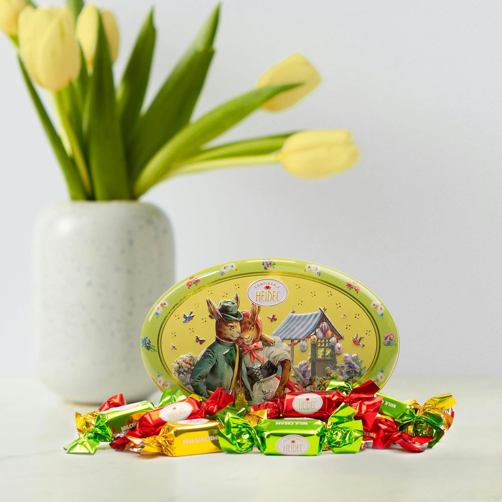 Heidel Kartka Wielkanocna Pudełko upominkowe 183g, praliny z mlecznej czekolady premium z ozdobnym metalowym pudełkiem, idealne na prezent wielkanocny