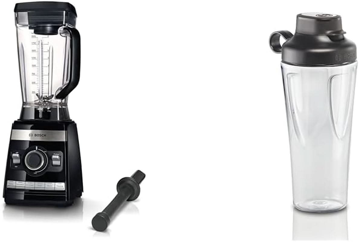 Bosch Mikser stojący Vitaboost MMBH6P6BDE, 6-Klingen-Edelstahlmesser, 2,5 l Tritan-Mixbehälter, Stopfer, 6 Automatikprogramme, Rezeptbuch, Bpa-Frei, Einfache Reinigung, 45.000 U/Min, 1600 W, Schwarz Kucatarie Naty Shop Bundle Mit Flasche 6 Automatikprogramme Deutsches Rezeptbuch