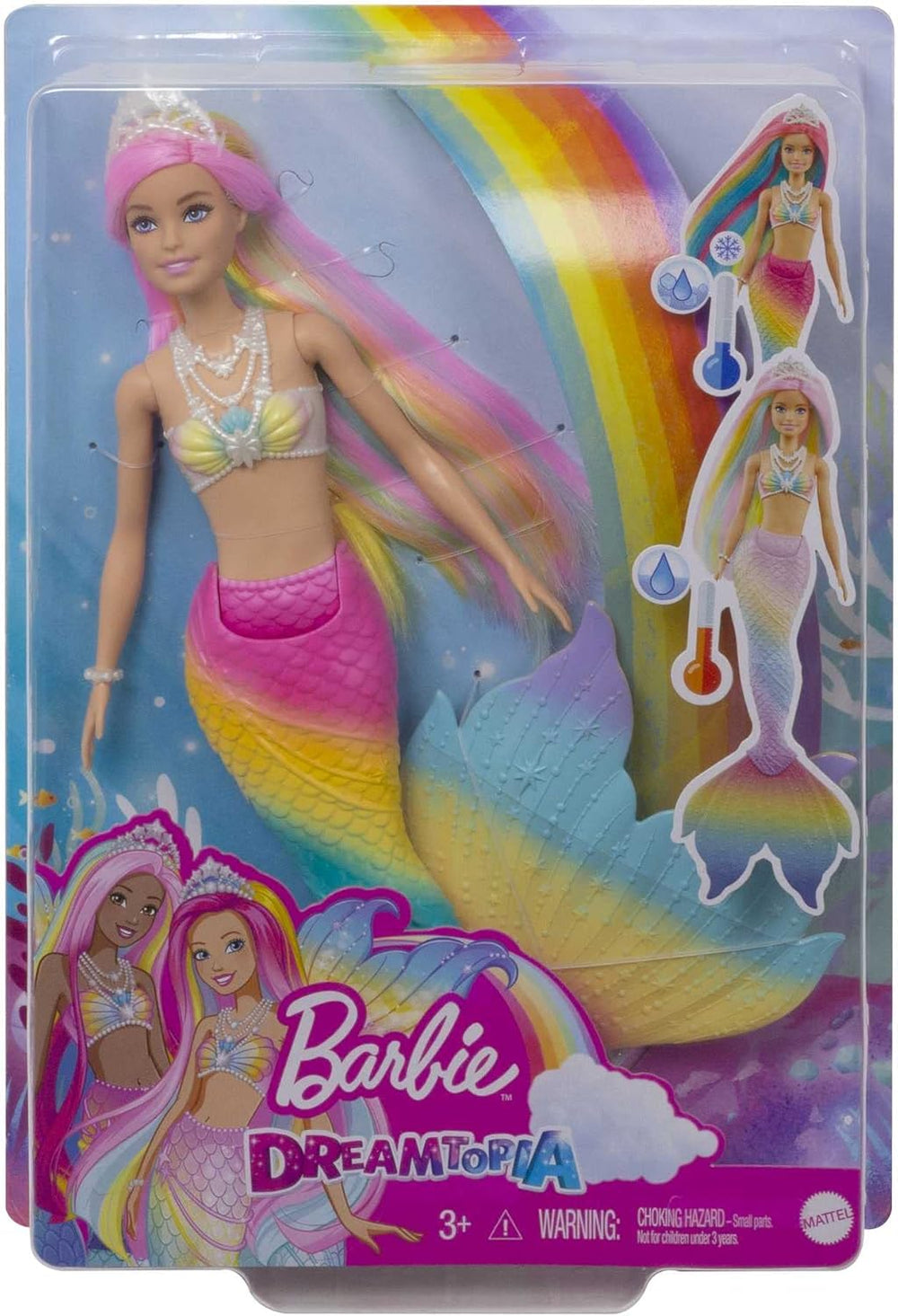 Barbie Dreamtopia Rainbow Magic Mermaid, Barbie Meerjungfrau mit Regenbogenhaaren, Farbwechselpuppe durch Wasser aktiviert, Spielzeug ab 3 Jahren, Geschenk für Mädchen, GTF89