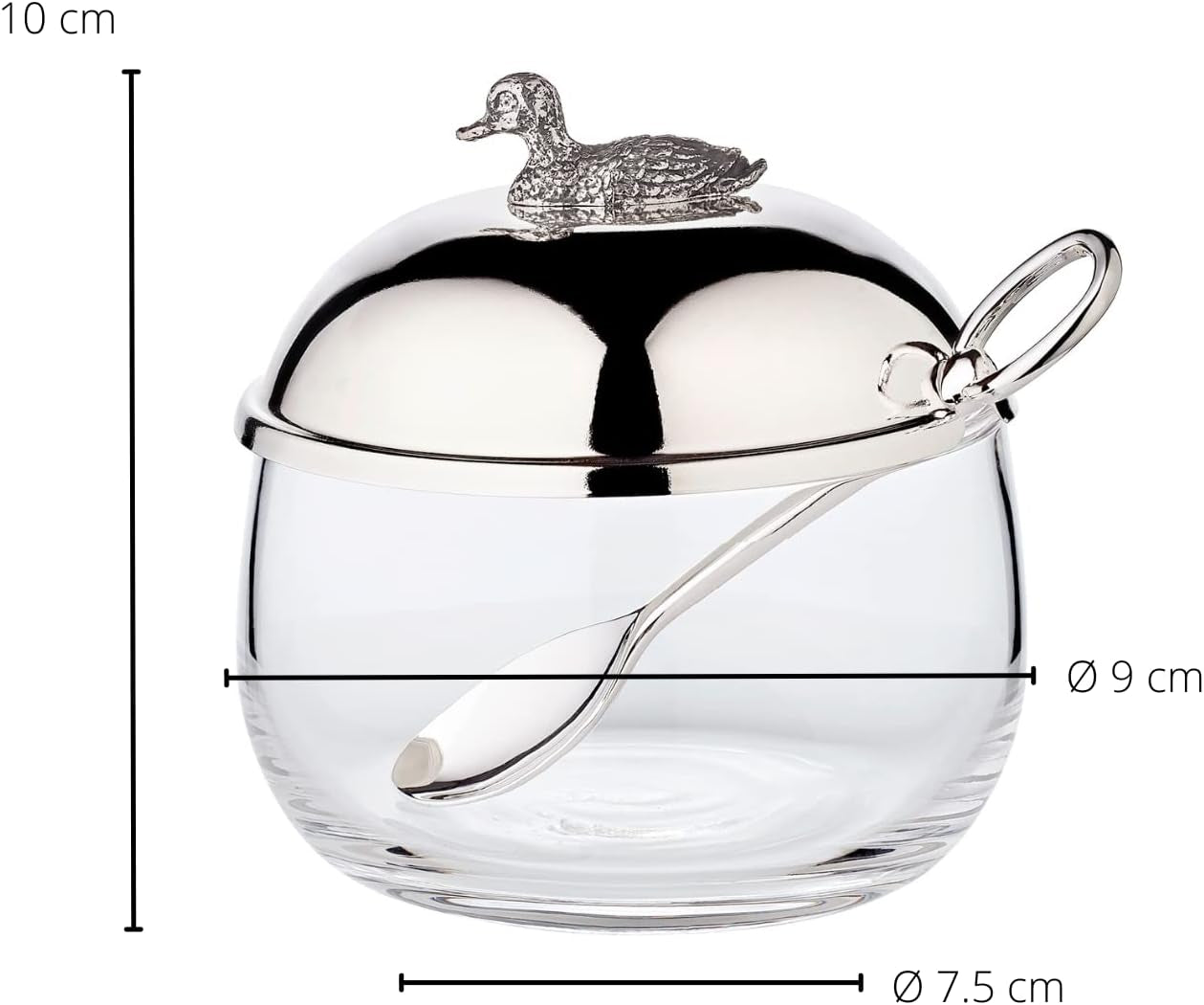 Borcan de dulceață de rață EDZARD (Ø 10 cm) din argint și sticlă - Cutie și lingură - Bol, recipient pentru zahăr, brânză - Borcan de dulceață cu capac, depozitare cu capac, cutie cu încuietoare cadou