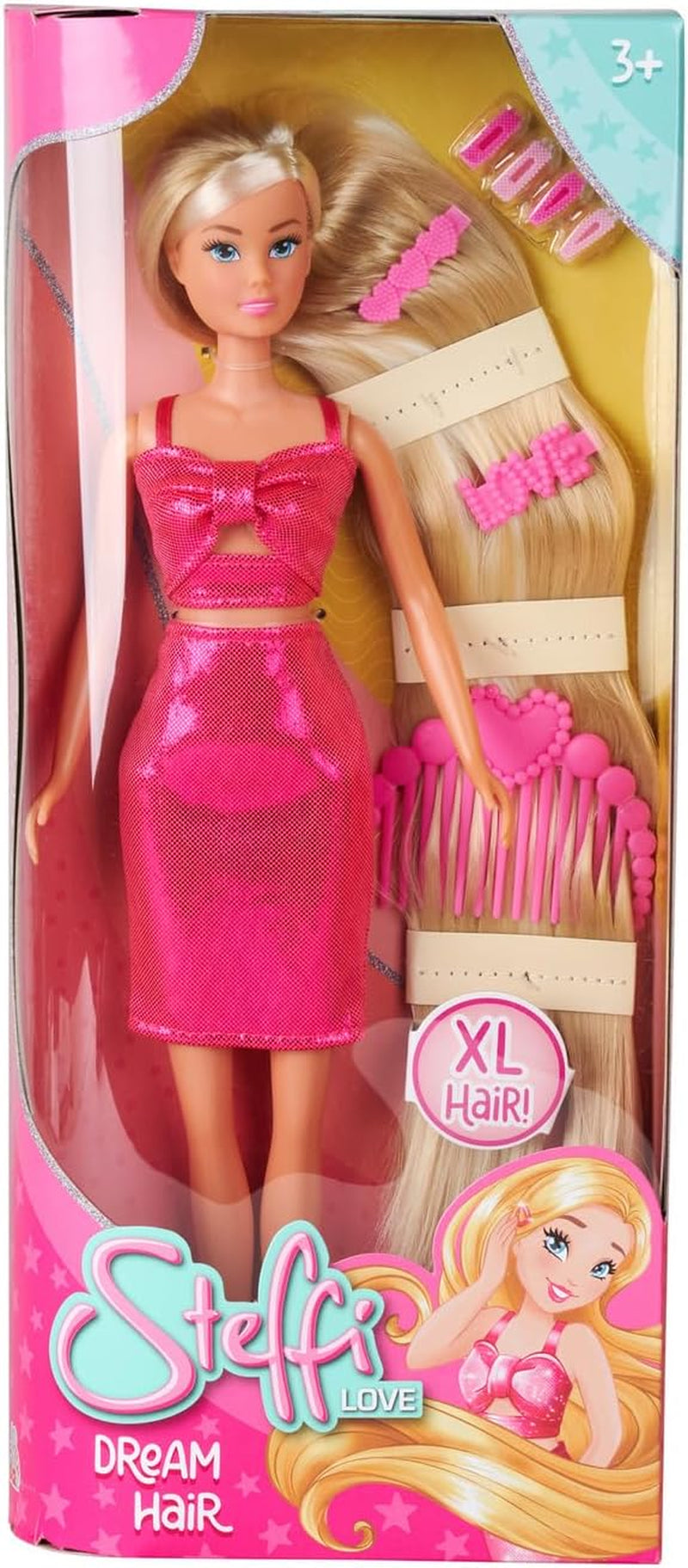 Simba Steffi Love Dream Hair – Ankleidepuppe mit extra Langen Haaren, inkl. Haarclips & Kamm, im pinken Glitzerkleid, 29 cm brutto, Frisieruppe für Kinder ab 3 Jahren