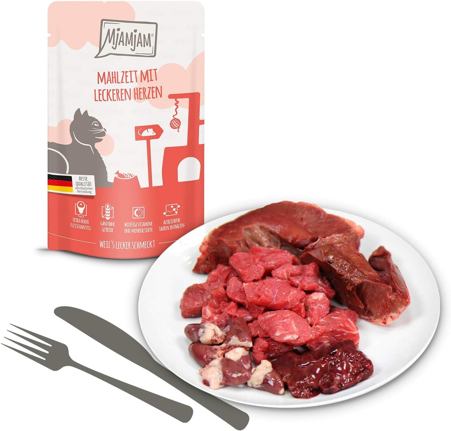 MjAMjAM - Hrană umedă premium pentru pisici - Pachet mixt I - Pui, Vită, Inimi, pachet de 12 (12 x 125 g), fără cereale cu carne suplimentară