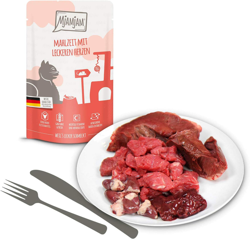 MjAMjAM - Hrană umedă premium pentru pisici - Pachet mixt I - Pui, Vită, Inimi, pachet de 12 (12 x 125 g), fără cereale cu carne suplimentară