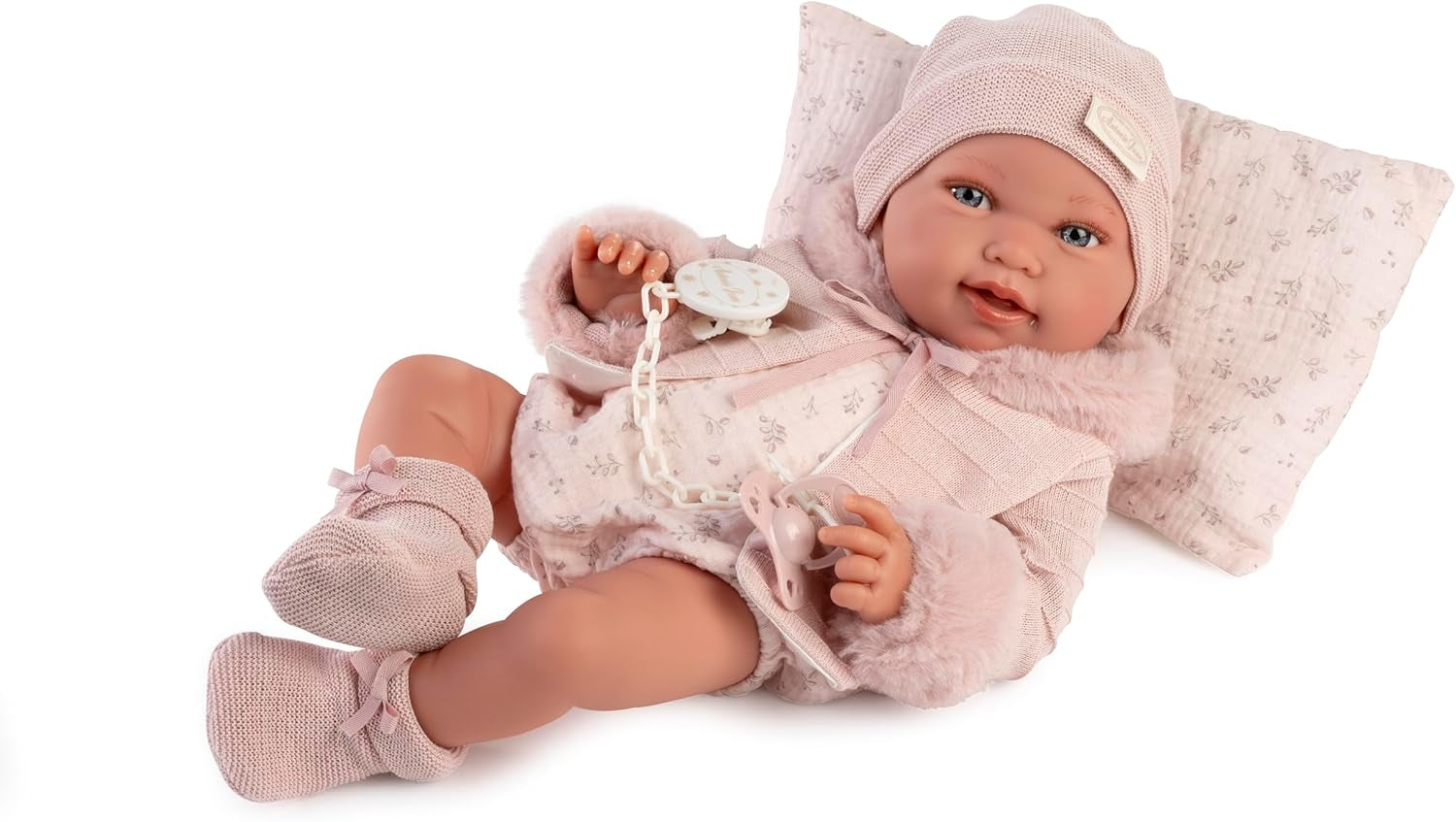 Antonio Juan Puppen für Neugeborne, Winterpfeife, realistyczny Babypuppe, 42 cm, z różowym ubrankiem, w zestawie smoczek i poduszka