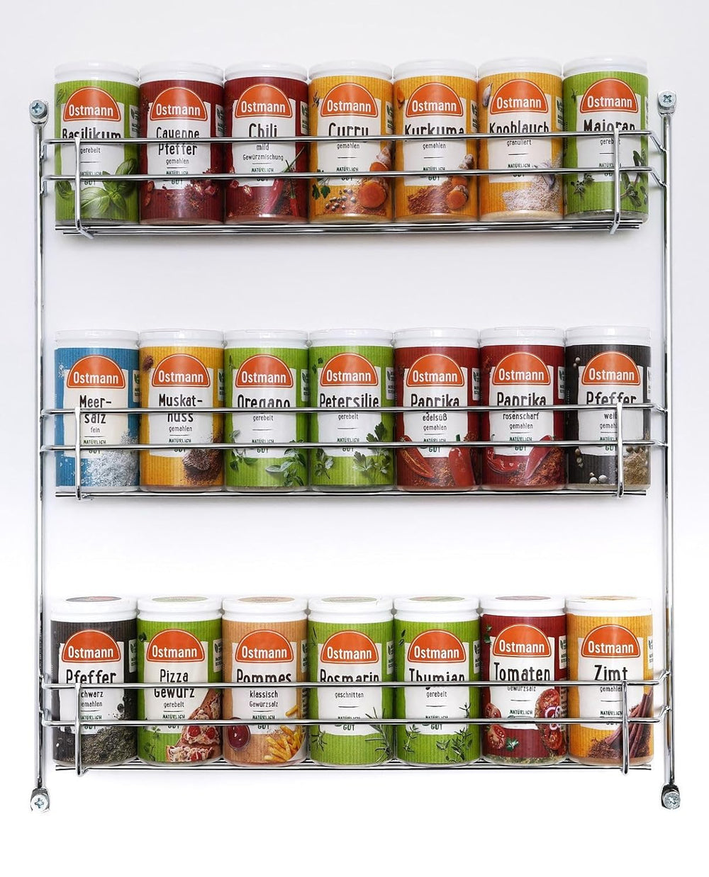 Ostmann Gewürze - gefülltes Gewürzregal mit 21 Gewürzdosen | Ustaw aus Gewurze, Kräuter, Gewürzmischungen | zum Aufhängen | dla Schranktur | Zjada: 1 Stuck