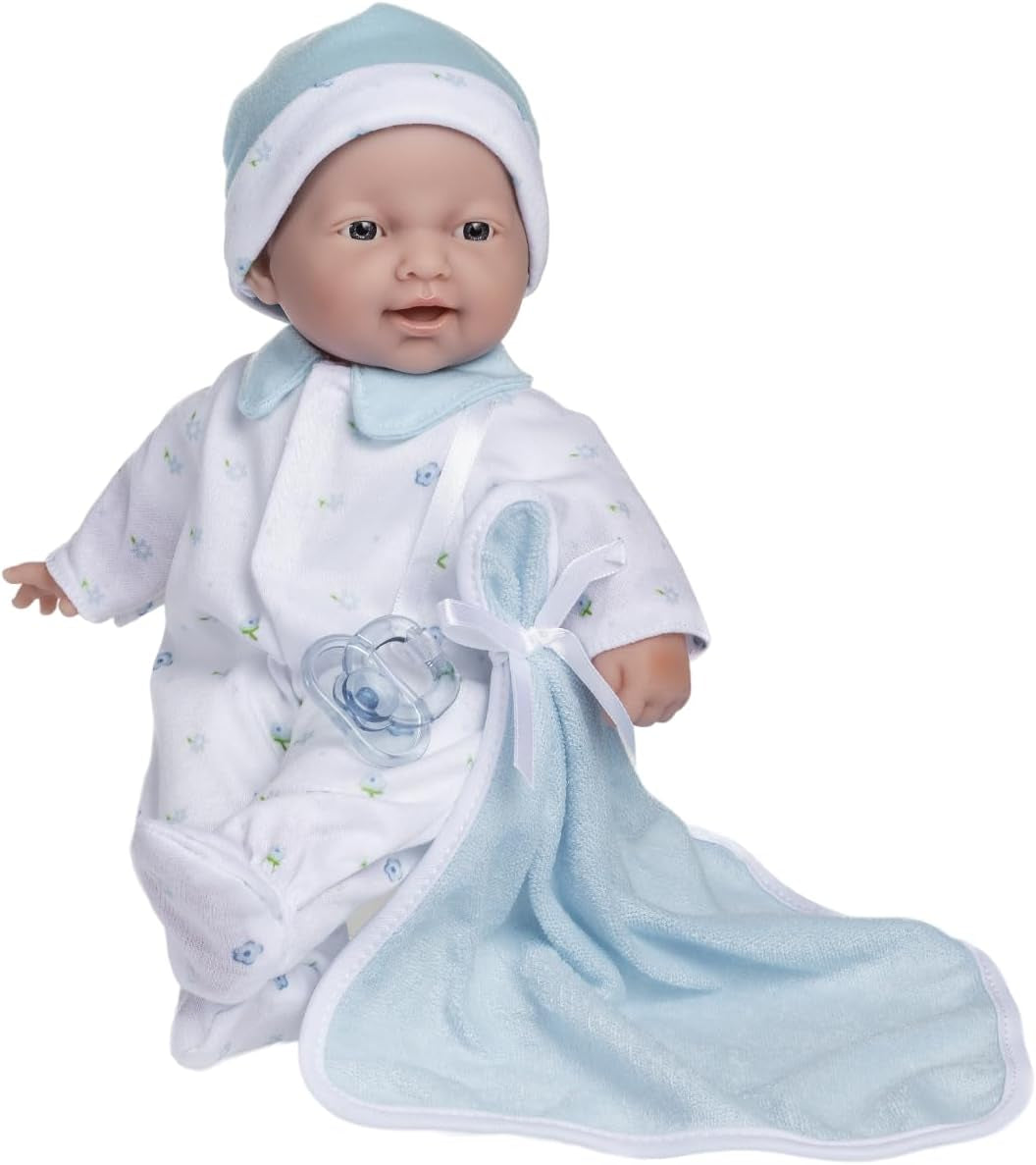 JC Toys La Baby Zestaw lalek kaukaskich - 28 cm Miękka, zmywalna lalka, odpinany różowy strój z kapeluszem, kocykiem i smoczkiem, od 12 miesięcy Naty Shop Dolls Pojedyncze rasy kaukaskie, niebieskie