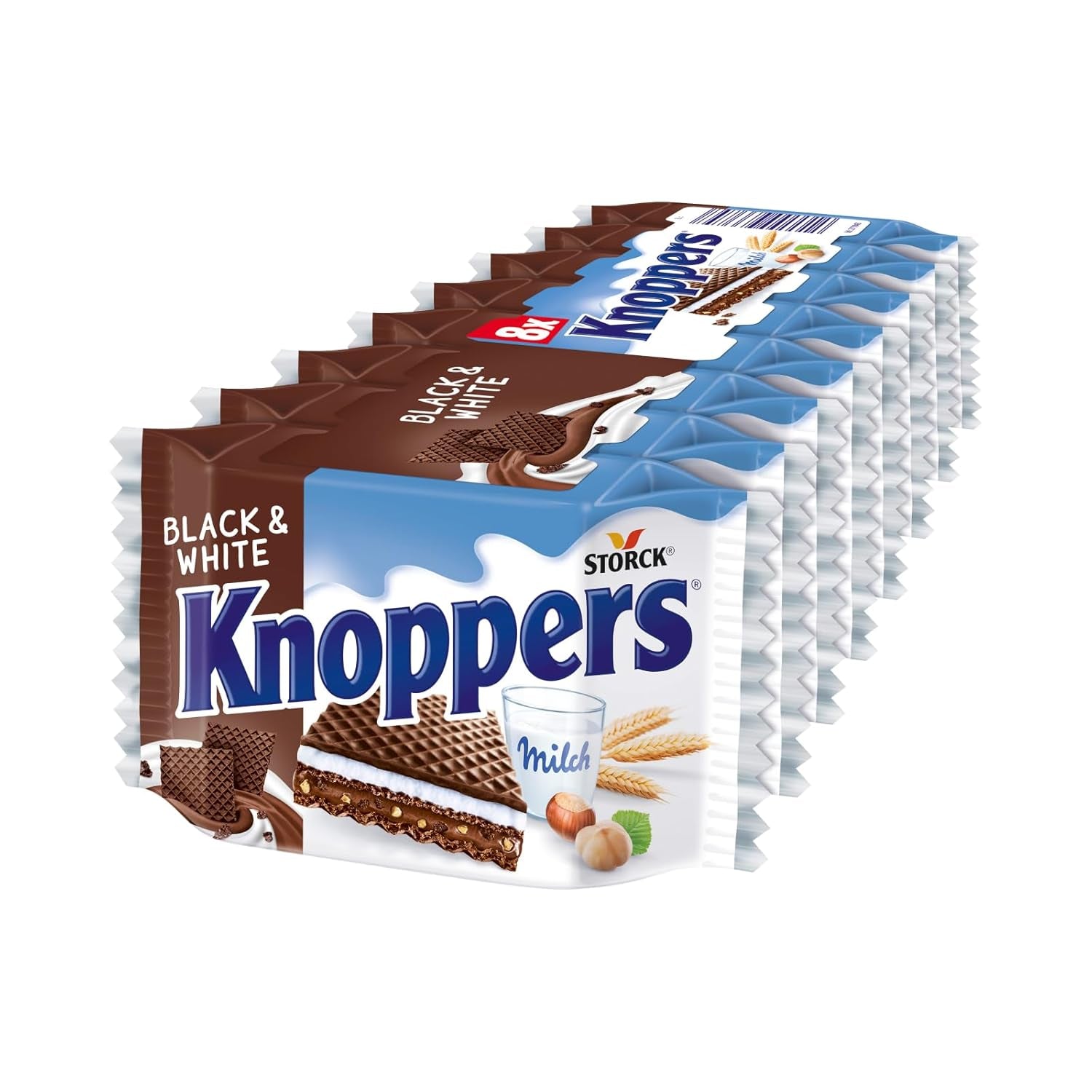 Knoppers Biało-Czarny – 8 x 25g – Plastry wafla nadziewane waflami ciemnego kakao, kawałkami czarnych herbatników, mlekiem i kremem nugatowym