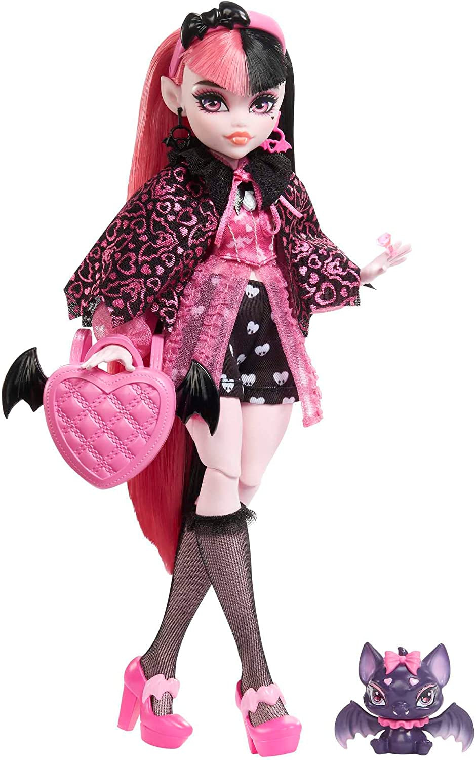 Lalka Monster High Draculaura ze swoim zwierzątkiem Hrabią Fantastyczny kot-nietoperz i akcesoria, takie jak plecak, księga zaklęć, pudełko bento i inne, HRP64 Naty Shop Dolls Wampirzy styl
