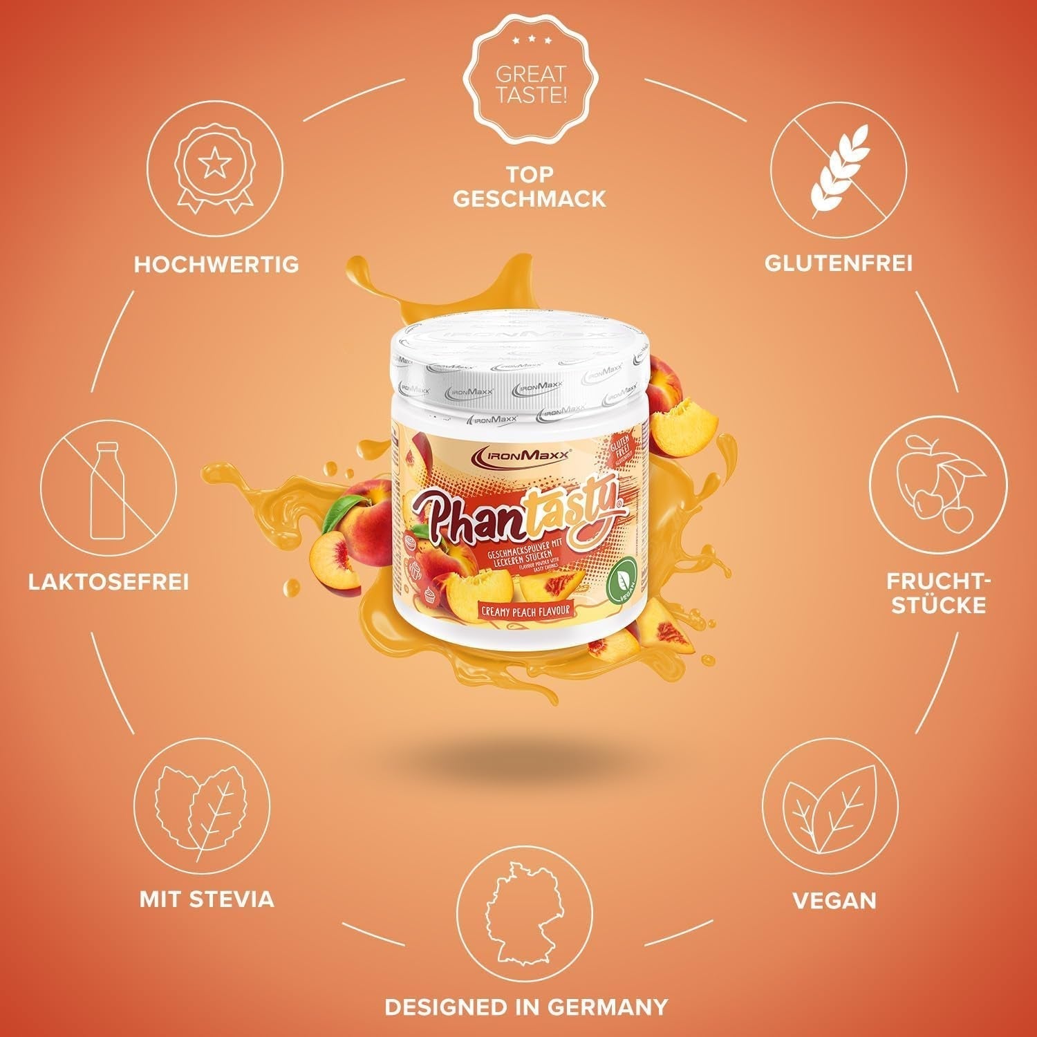 Ironmaxx Phantasty - Creamy Peach 250G Dose | Veganes Geschmackspulver Mit Echten Frucht- Oder Nussstückchen | Perfekter Zuckerersatz Indulcitori Naty Shop