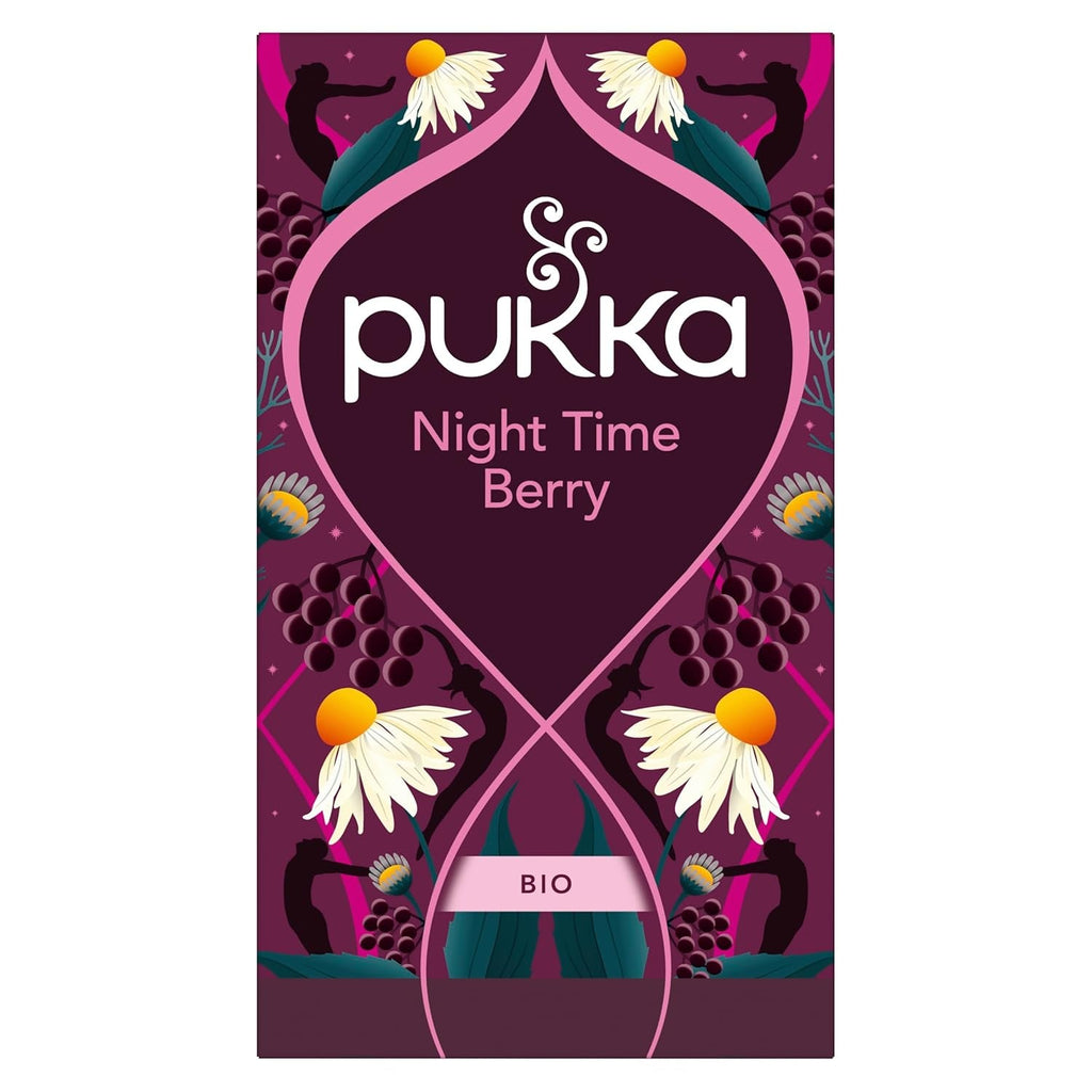 Pukka | Ceai de fructe bio „Night Time Berry” | Mușețel, coacăze negre și mure | Ceai pentru o seară relaxantă | Fără cofeină | Pachet de 1 | 20 pliculețe de ceai