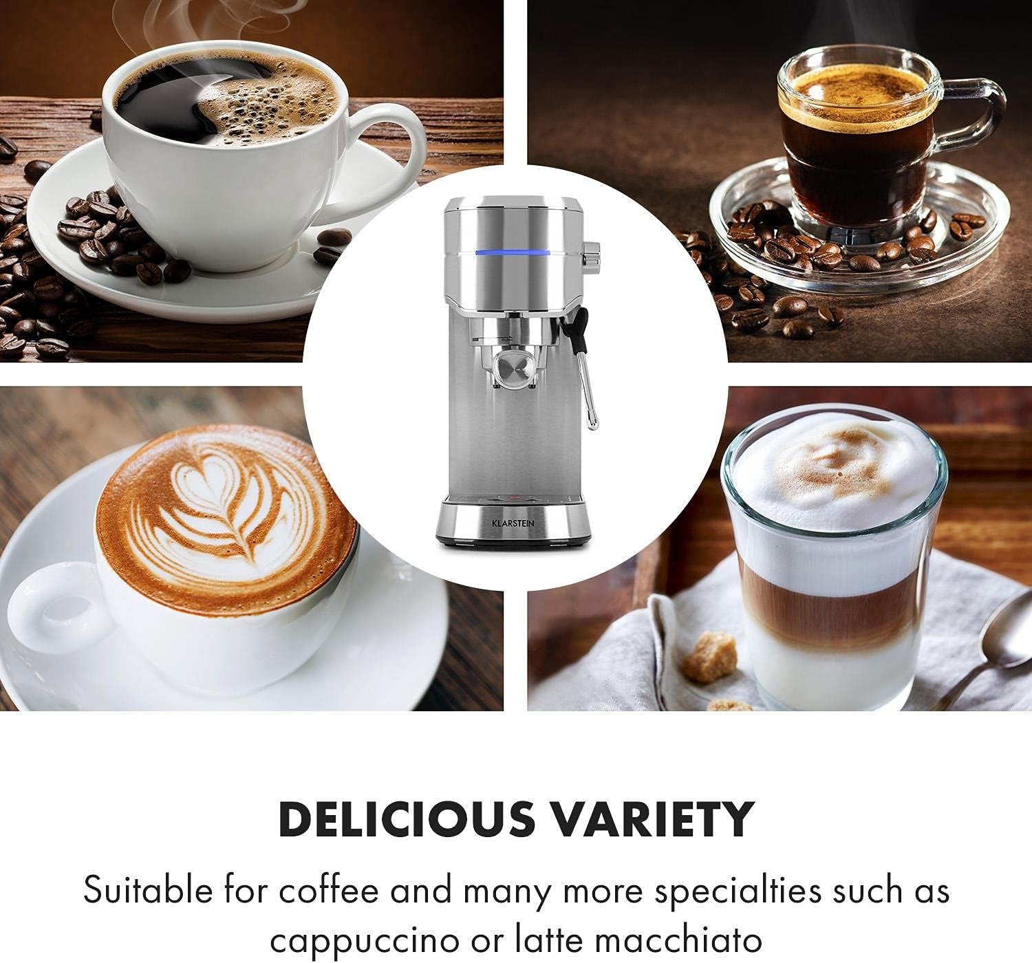 Klarstein Futura Espressor, Espressor cu Filtru Portabilă, 1450 W, 20 bar, Calitate Barista, Duză Dublă, Stop debit, Espressor cu Filtru Portabilă, Funcție de Spumare a Laptelui, Argintiu