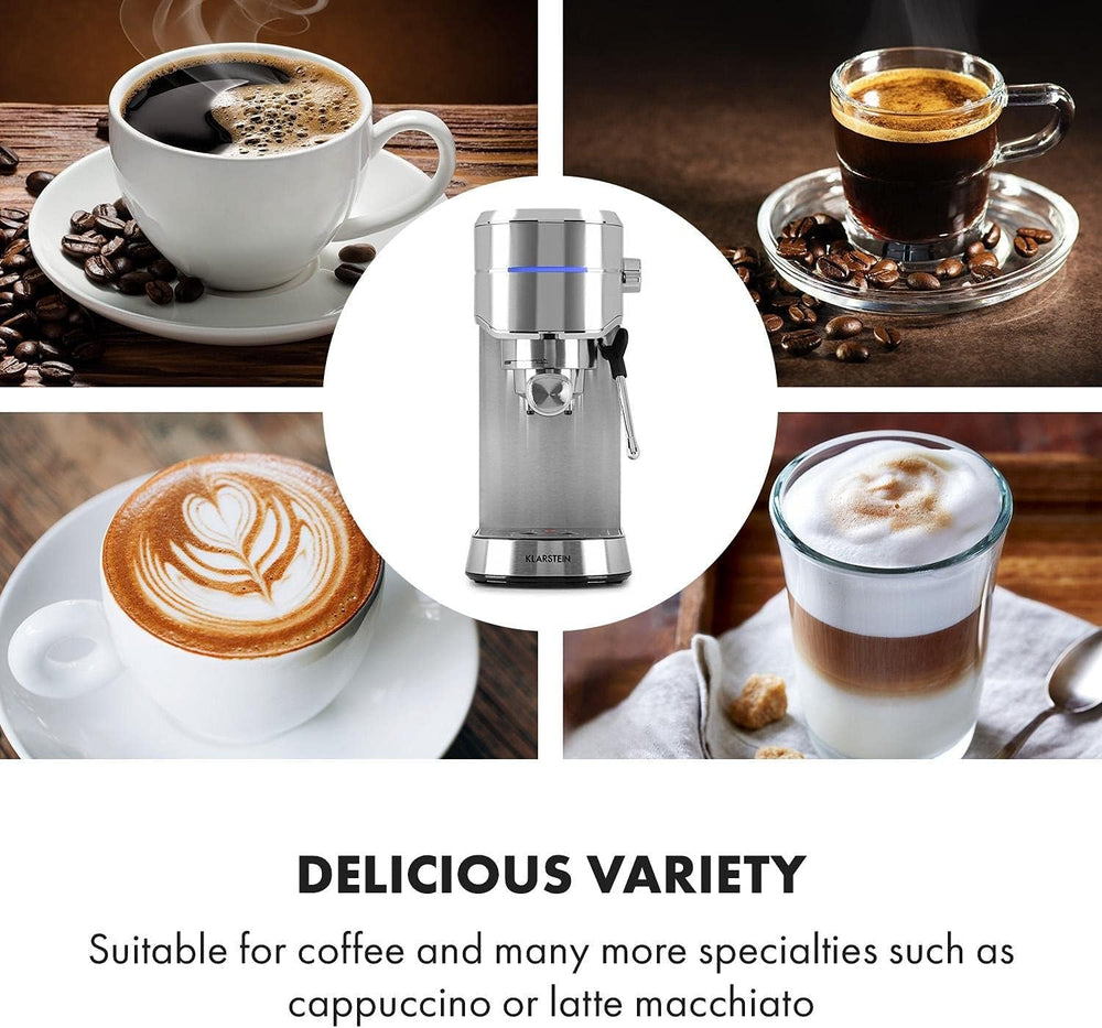 Klarstein Futura Espressor, Espressor cu Filtru Portabilă, 1450 W, 20 bar, Calitate Barista, Duză Dublă, Stop debit, Espressor cu Filtru Portabilă, Funcție de Spumare a Laptelui, Argintiu