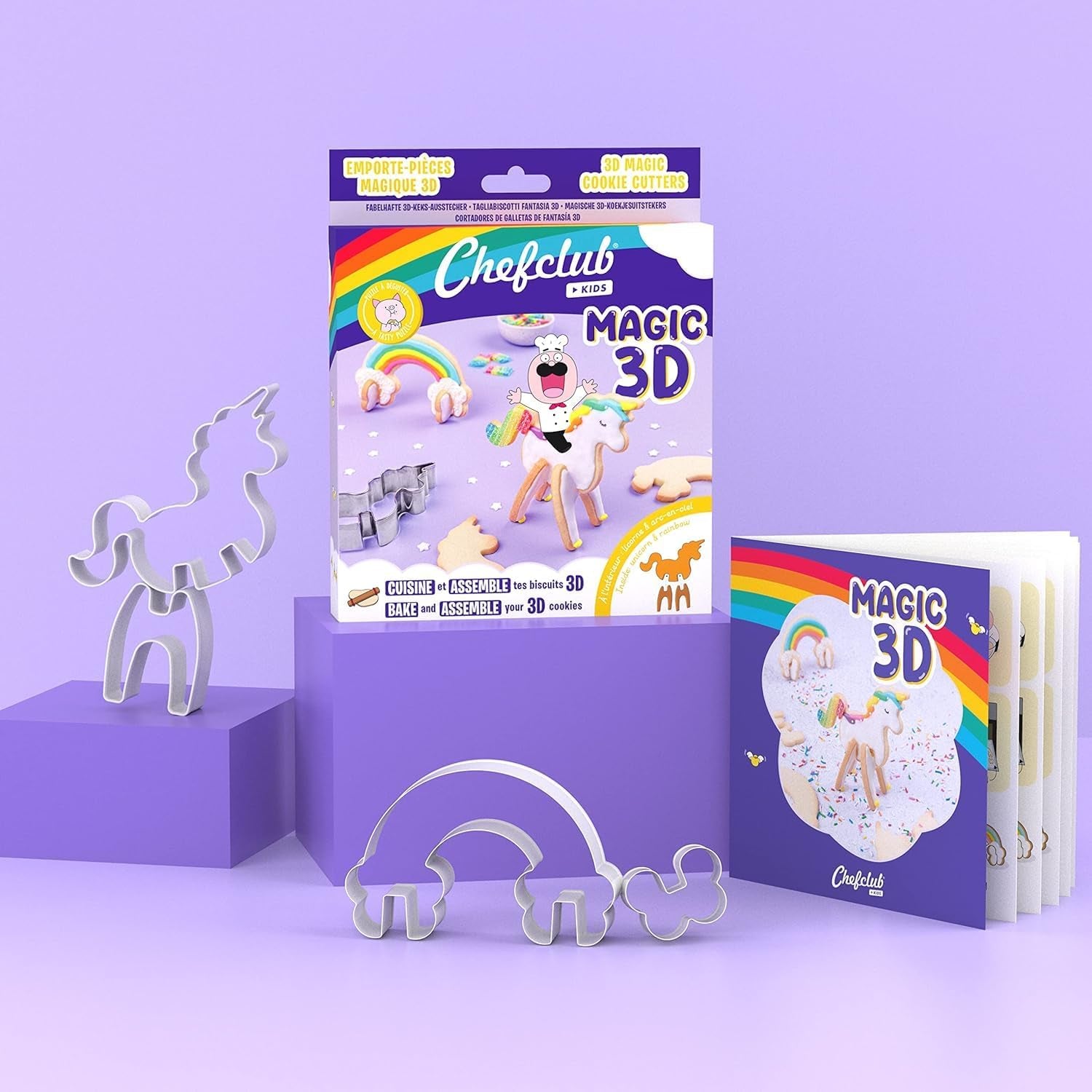 CHEFCLUB, Forme de biscuiți 3D Magice Unicorn și Curcubeu, Forme de biscuiți 3D Interconectate Unicorn și Curcubeu, Distracție de copt pentru copii