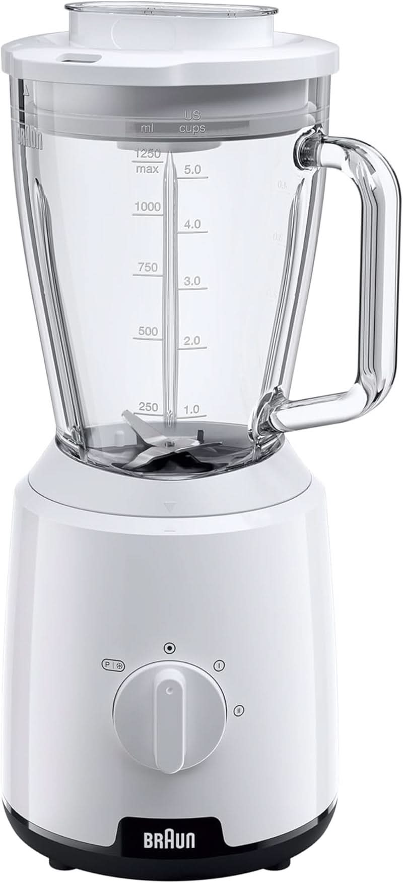 Braun Powerblend 1 JB1050WH - Mikser stojący Mit 1,5 L Glas-Mixaufsatz, Küchenhelfer Zum Zerkleinern, Pürieren & Mixen, Funkcja kruszenia lodu, 2 Geschwindigkeiten, 600 Watt, Weiß Bucatarie Naty Shop Weiß Glas-Mixaufsatz