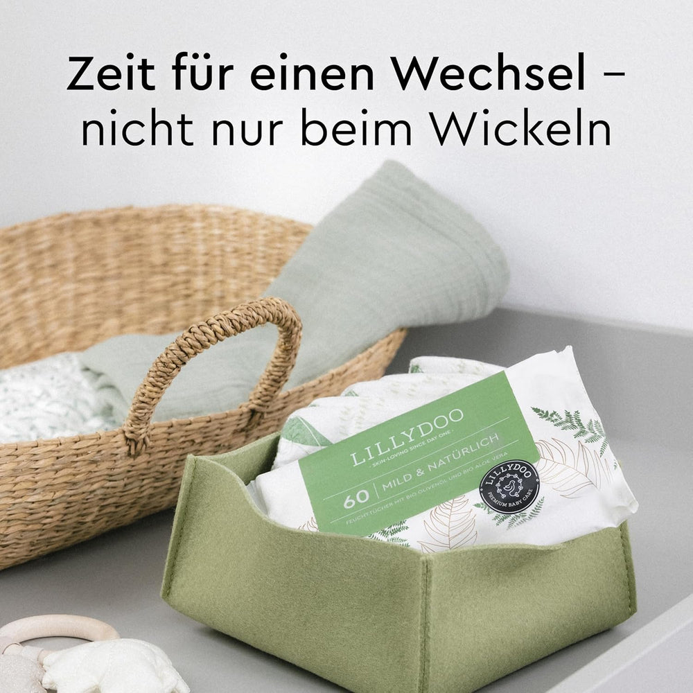 LILLYDOO Zielone chusteczki nawilżane, 600 szt. (10 x 60), odporne na rozdarcia chusteczki w 100% wolne od plastiku - bezzapachowe, delikatne i naturalne, delikatnie oczyszczają wrażliwą skórę, testowane dermatologicznie