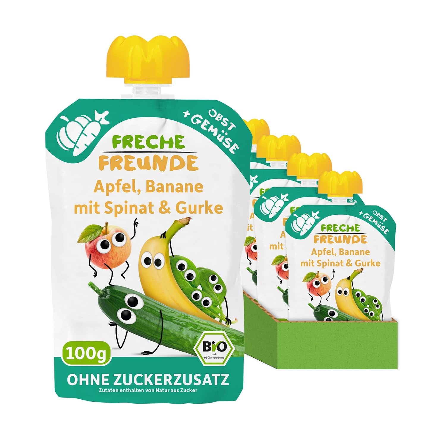 FRECHE FREUNDE Ekologiczne woreczki do wyciskania z jabłkami, bananami, szpinakiem i ogórkiem, puree owocowe i warzywa w wyciskanym woreczku dla dzieci od 6. miesiąca życia, wegańskie, opakowanie 6 szt. (6 x 100 g)