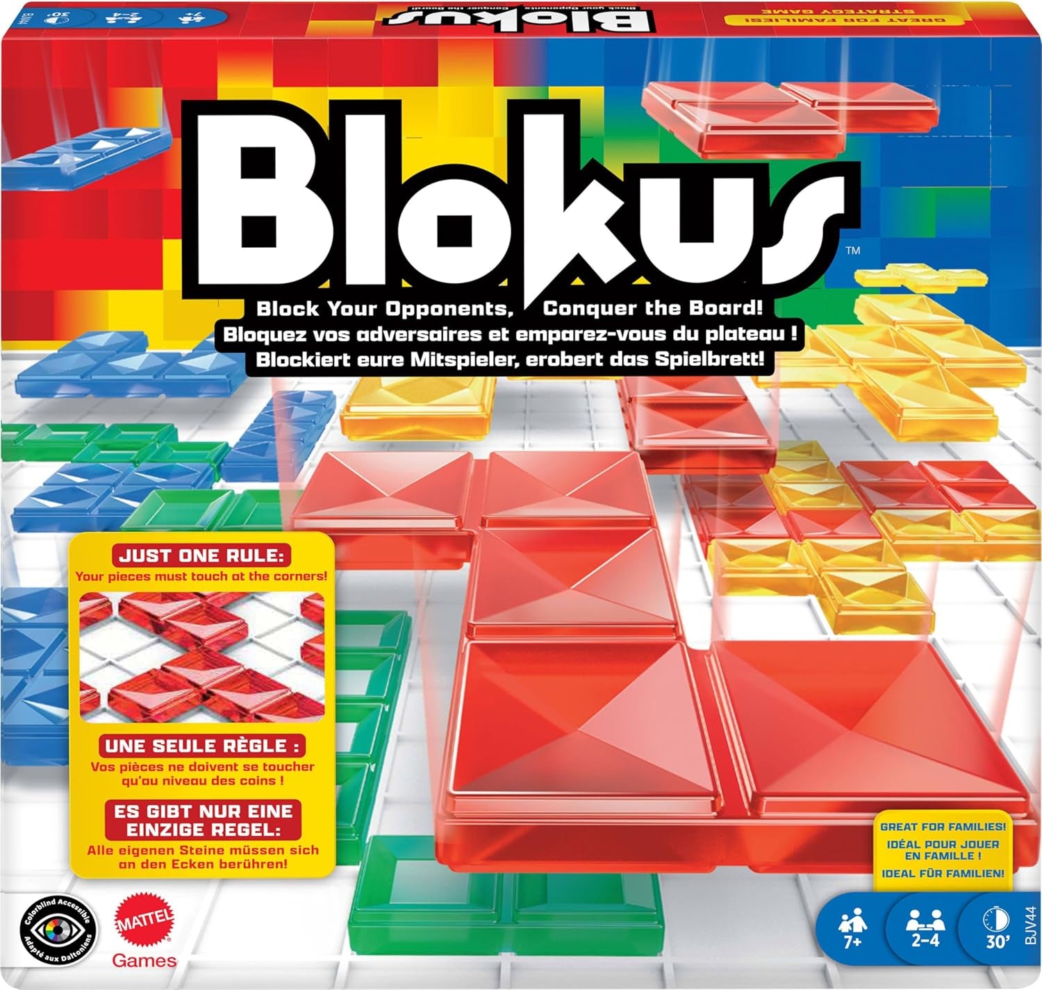 Mattel Games Blokus Game, rodzinna gra planszowa, gra strategiczna, 2-4 graczy, gra imprezowa, wiek 7+, BJV44