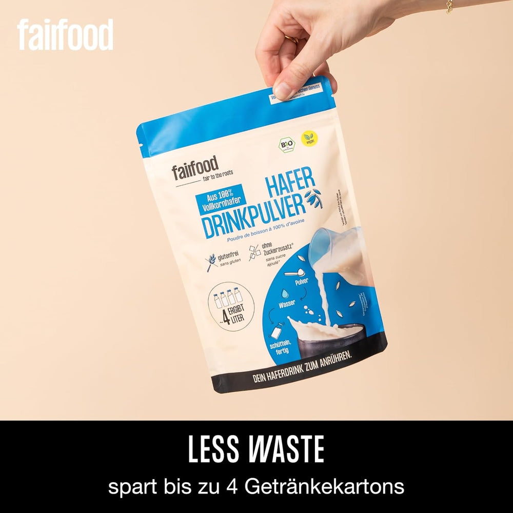 Fairfood Bio Haferdrink Pulver 360g - nachhaltige Milchalternative - wegańskie, bezglutenowe i ohne Öl - bis zu 4L Haferdrink - zum Selbermischen - 100% Bio-Vollkornhafer