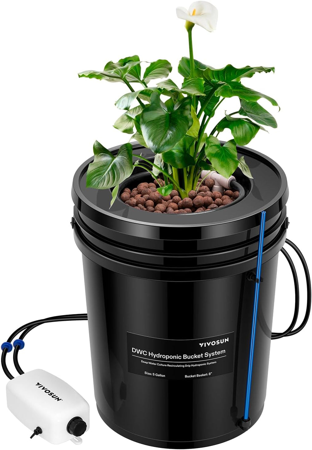 VIVOSUN DWC Hydrokultur Anbausystem z Topf-Dripkit, 5-Gallonen Tiefwasserkultur, Umwälz-Tropfgartensystem z Mehrzweck-Luftschlauch, 8W Luftpumpe und Luftstein (1 wiadro + Top-Drip-Kit)