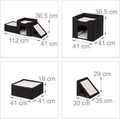 Relaxdays Katzenhöhle, faltbar, 3 Liegeplätze, Katzenhaus mit Kratzfläche, HBT: 36,5x112x41 cm, Katzenversteck, schwarz