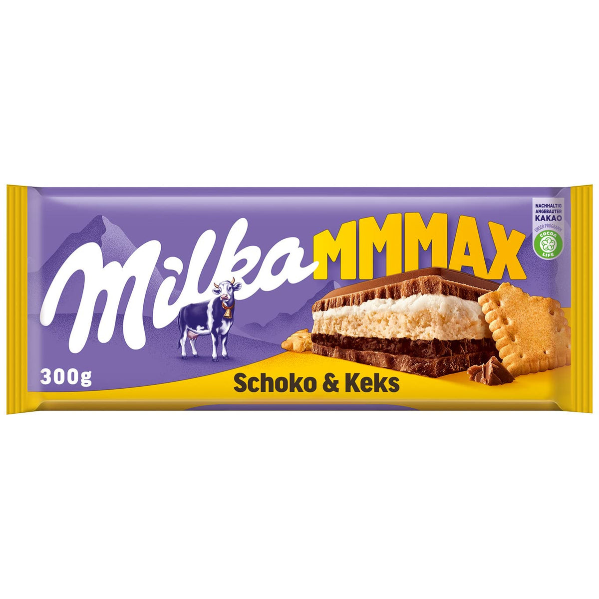 Milka Mmax Chocolate and Biscuits – Alpejska czekolada mleczna z nadzieniem mlecznym i chrupiącymi kawałkami ciasteczek – 300g