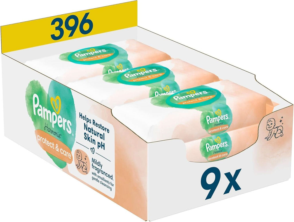 Pampers Harmonie Protect & Care Feuchttücher 9 Packungen Mit Jeweils 44 Feuchttüchern = 396 Feuchttücher, Helfen, Den Natürlichen Ph-Wert Der Haut Wiederherzustellen, Mit Einem Tropfen Calendula Naty Shop 396 Stück (1Er Pack) Mit Calendula