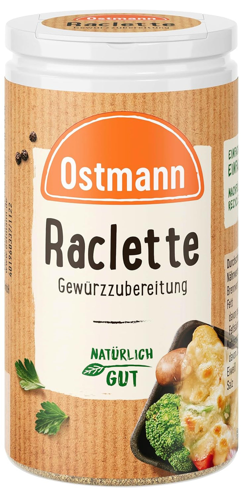 Ostmann Gewürze - Raclette Gewürzzubereitung | Zum Würzen von Käsegerichten | Recyclebare, nachfüllbare Streudose | 45 g w Streuerze