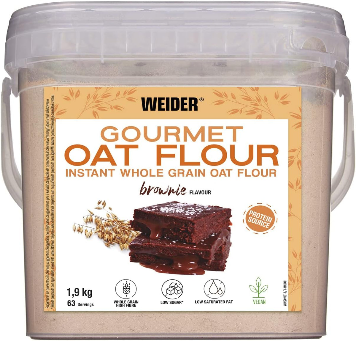 Weider Gourmet Płatki owsiane (1,9 kg) o smaku brownie. Pełnoziarniste płatki owsiane. Źródło białka o niskiej zawartości cukru.