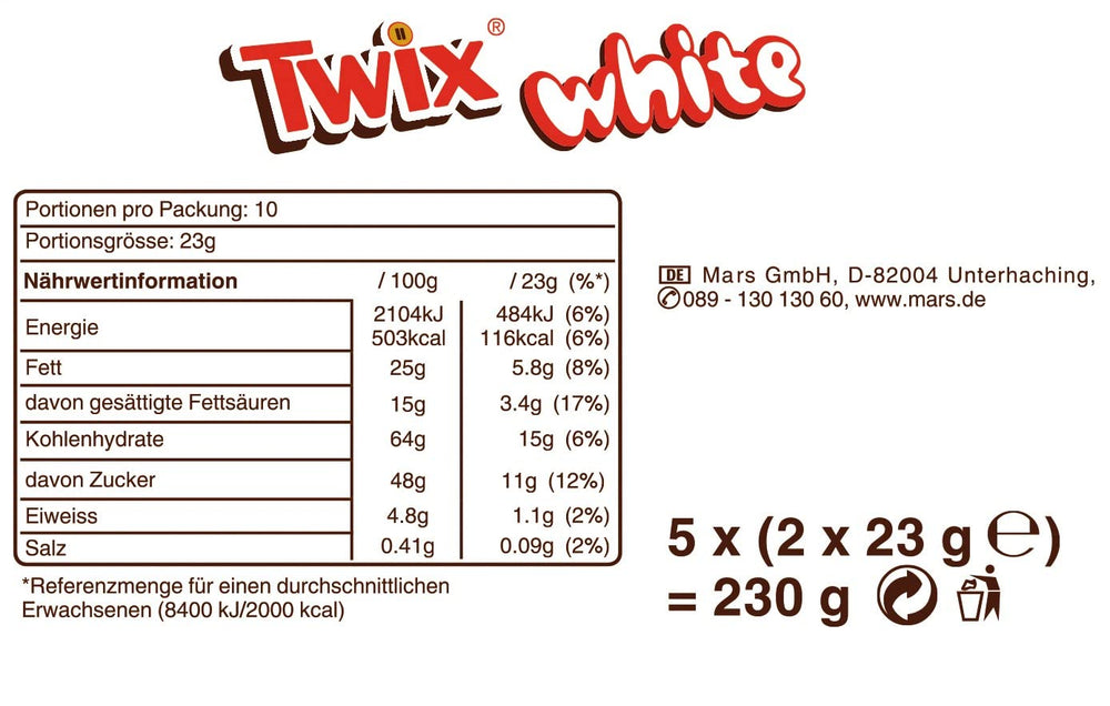 Twix tabliczki białej czekolady; karmel, ciastka, biała czekolada; wielokrotne opakowanie czekoladek; 5 batonów (5 x 46 g)