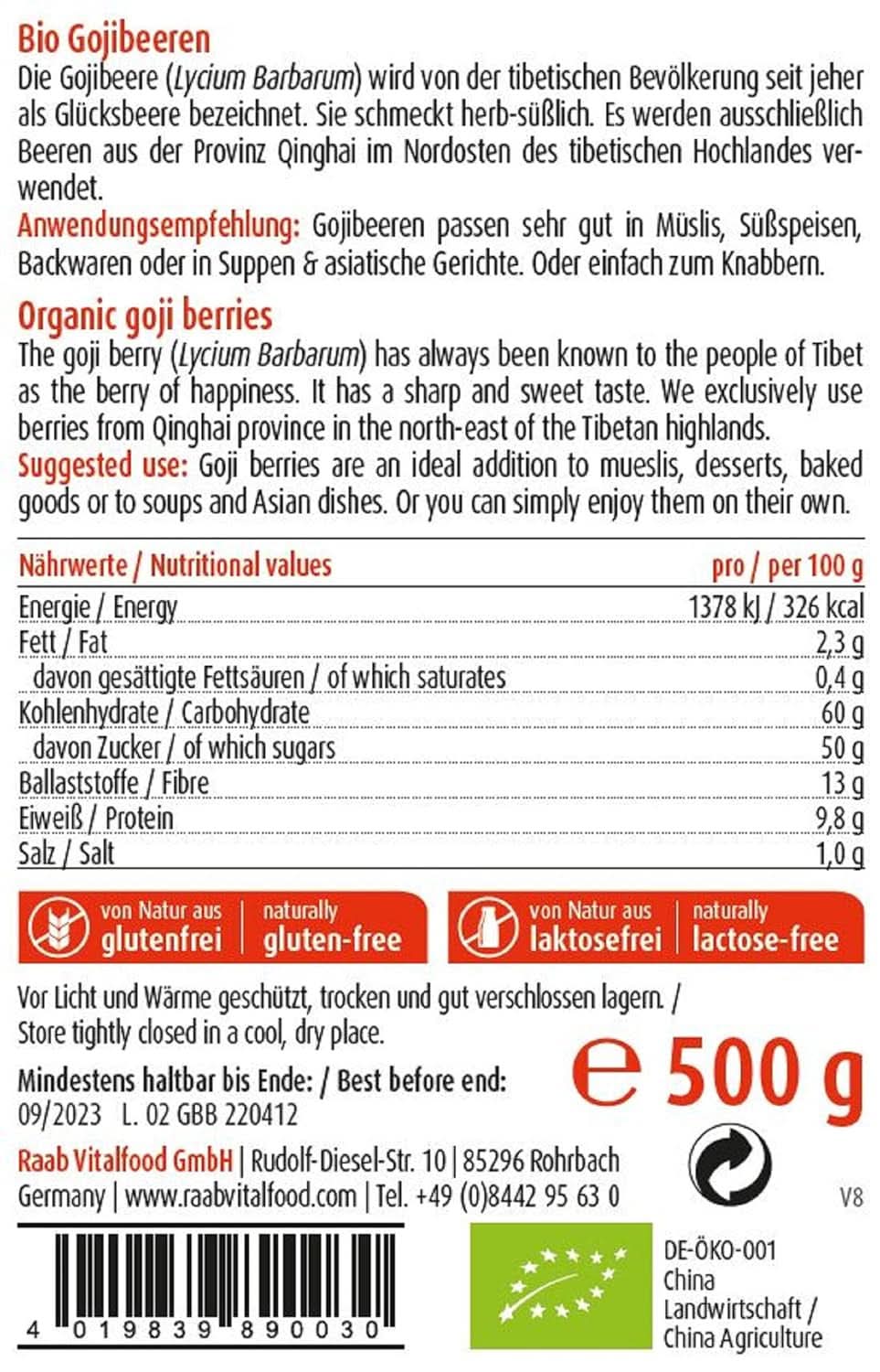 Raab Vitalfood Organiczne jagody goji, najwyższej jakości, 500 gramów produktów suszonych Naty Shop