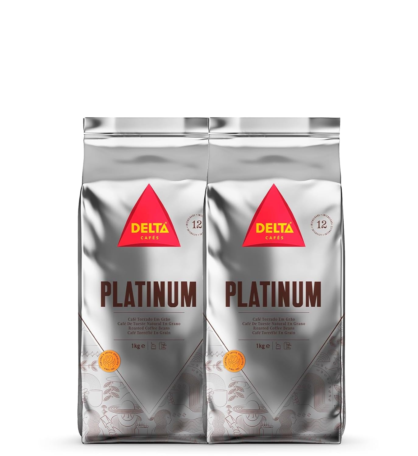 Cafea boabe Delta Cafés Platinum, 1 kg, 2 bucăți, Intensitate 12, amestec Arabica-Robusta