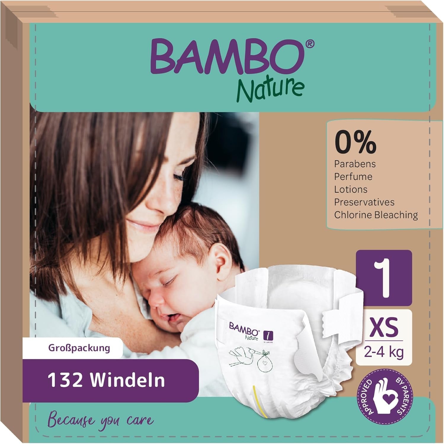 Pieluszki dziecięce Bambo Nature, rozmiar 1 (2-4 kg), 132 sztuki w pudełku miesięcznym | Pieluszki Premium ze zwiększoną ochroną przed wyciekami | Najwyższy komfort i swoboda dla noworodków | Pieluchy testowane dermatologicznie